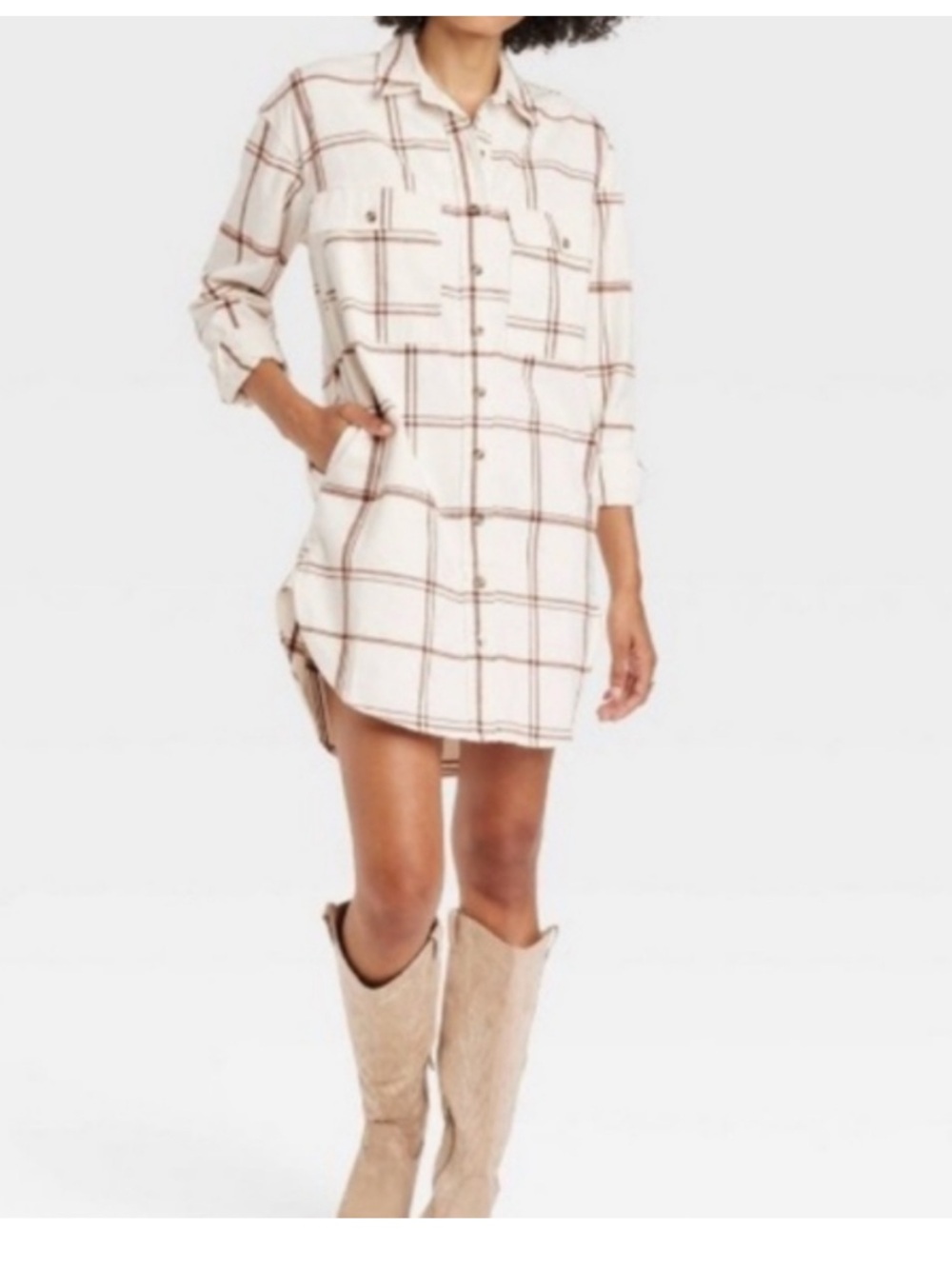 Universal Thread Cream and Brown Plaid Button-Front Shirtdress